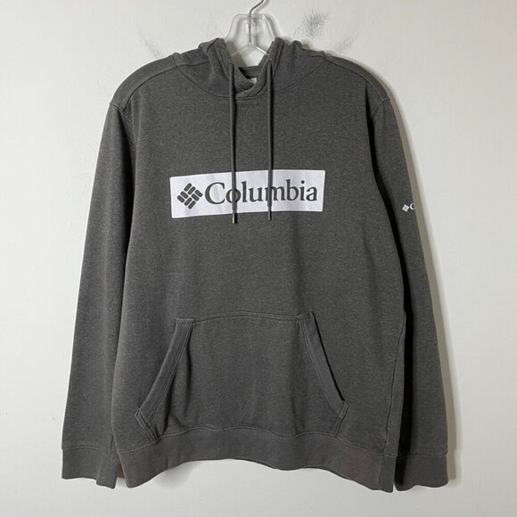 Columbia Men's Hoodie Sweatshirt L Gray & White Logo Pullover Long Sleeve Hooded - Picture 2 of 7